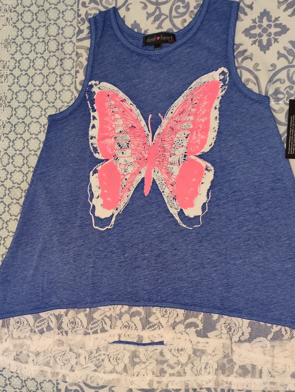 Derek Heart Girls' Blue Tank Top w/Butterfly Pink Print M 10/12